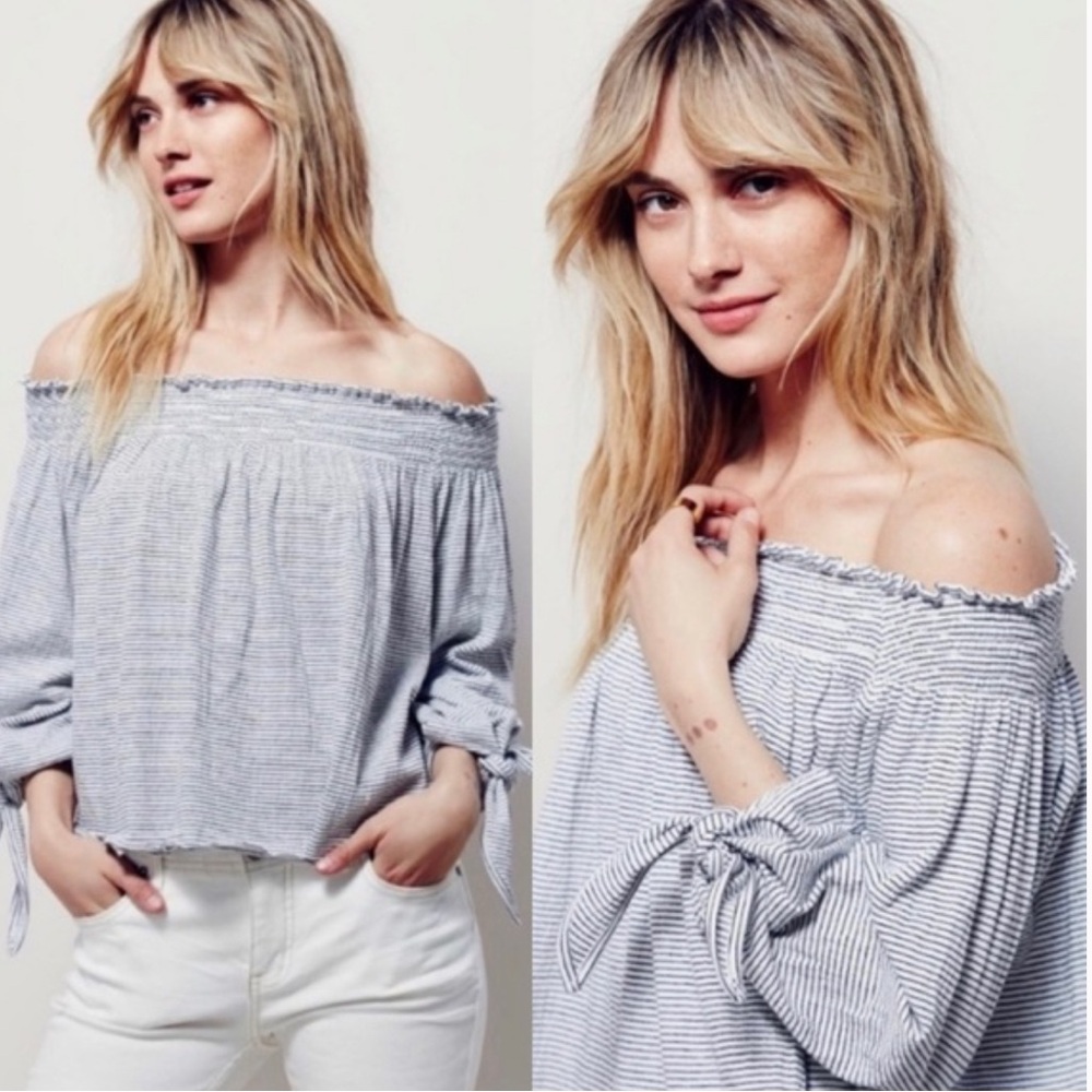 #565 Free People Off The Shoulder Striped Lexington Top